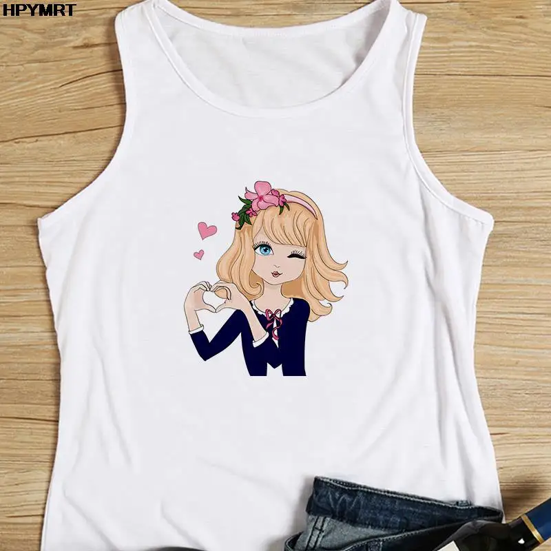 New Summer Harajuku roupas femininas Colete bonito menina Imprimir macio confortável Sem Mangas Camiseta Branca Kawaii Cartoon Graphics Tops