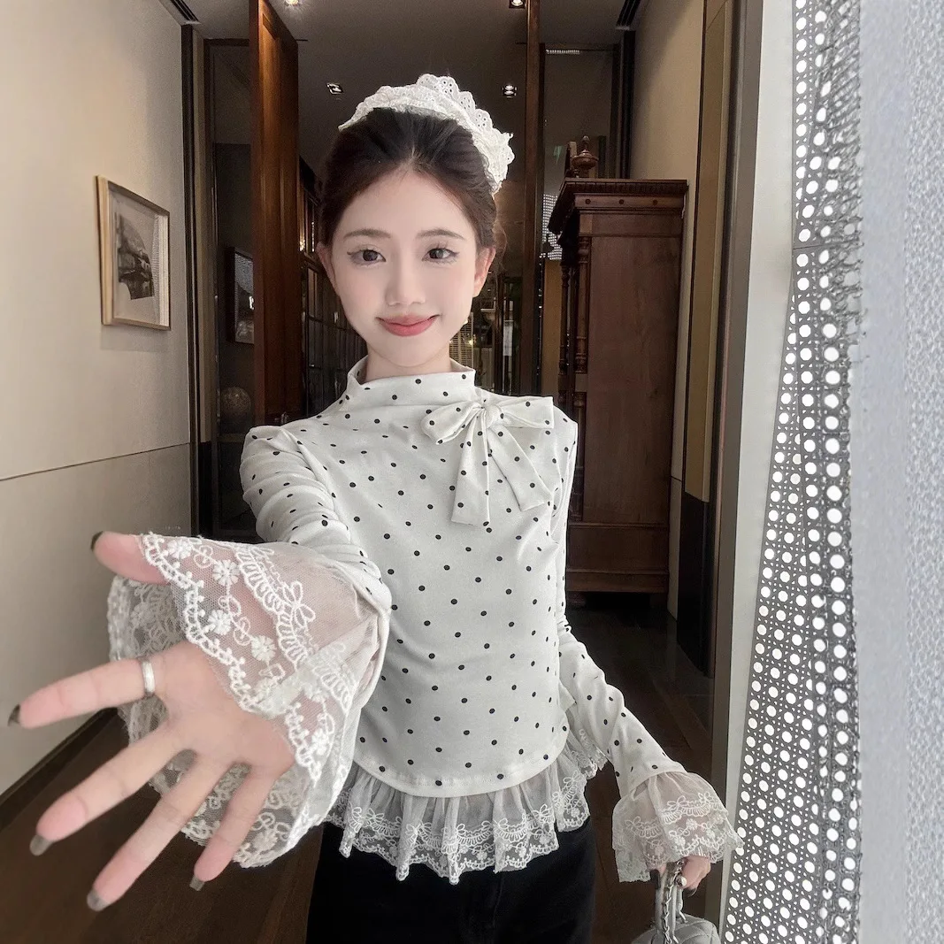 

Bow Wave Dot Half High Neck T-Shirt 2025 Spring New Slim Fit and Slimming Lace Lace Lace Long Sleeved Top Women's Clothing