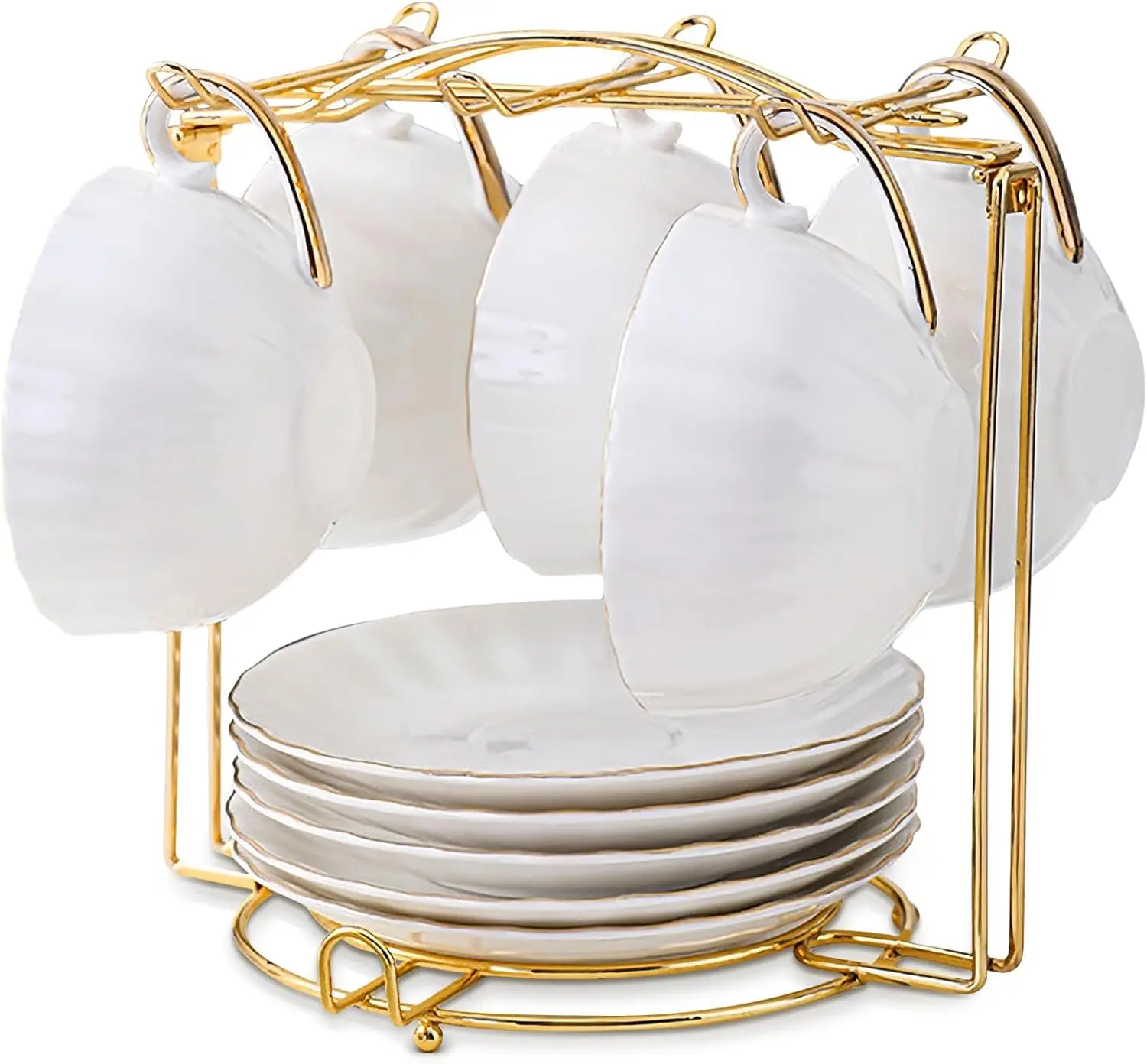 

Gold Metal Cup Holder, Foldable Coffee Cup Rack for 6 Cups, Saucers & Spoons