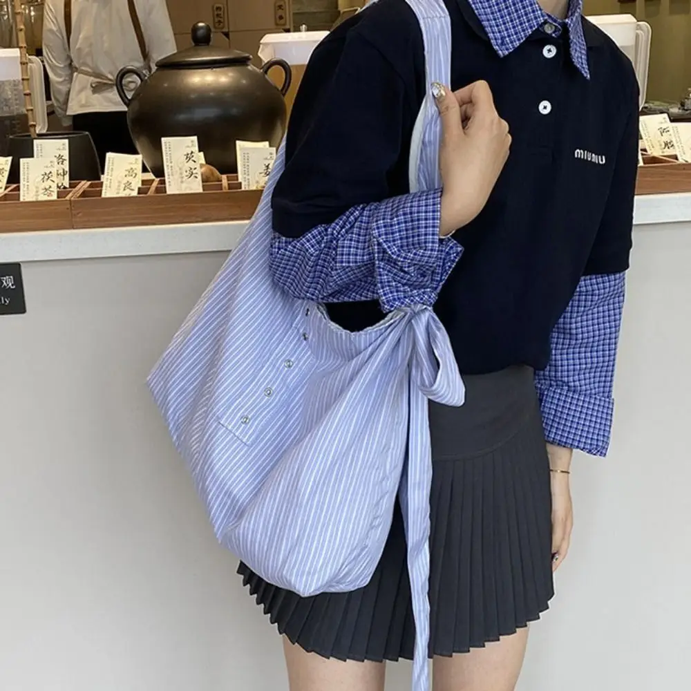 Arco listrado lona sacola estilo literário estilo coreano lona hobo saco azul cor fresca grande capacidade axilas saco estudante