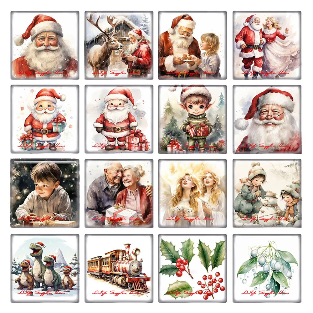 10pcs/lots Christmas X-mas Winter Santa Angel Kids Cookie Reindeer Square Photo Glass Cabochon Demo Cameo For Diy Jewelry Making