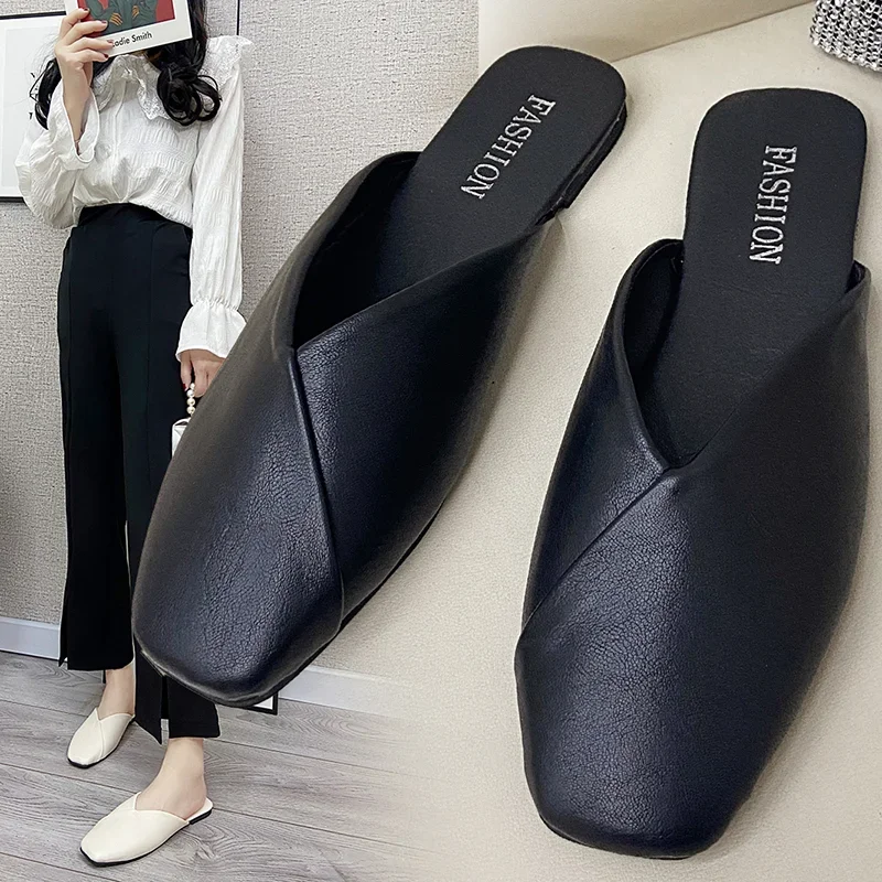 

Women Mules 2023 Summer Elegant Square Closed Toe Flat Slippers Female Shoes Casual Leather Black White Slides Plus Size 35-43