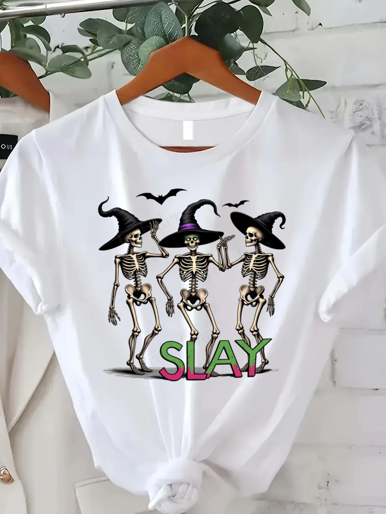 

Round Neck T-shirt Halloween Skeleton Witch Slay T-Shirt Women's Plus Size Funny Graphic Tee Short Sleeve Tee Fashion Casual Top