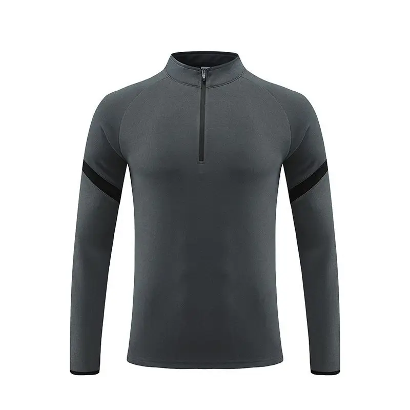 Dark Grey Mens Half Zip Long Sleeve Running Top Black Sleeve Panel Quick Stretchy Breathable Technical Wear Gym Fitness Top