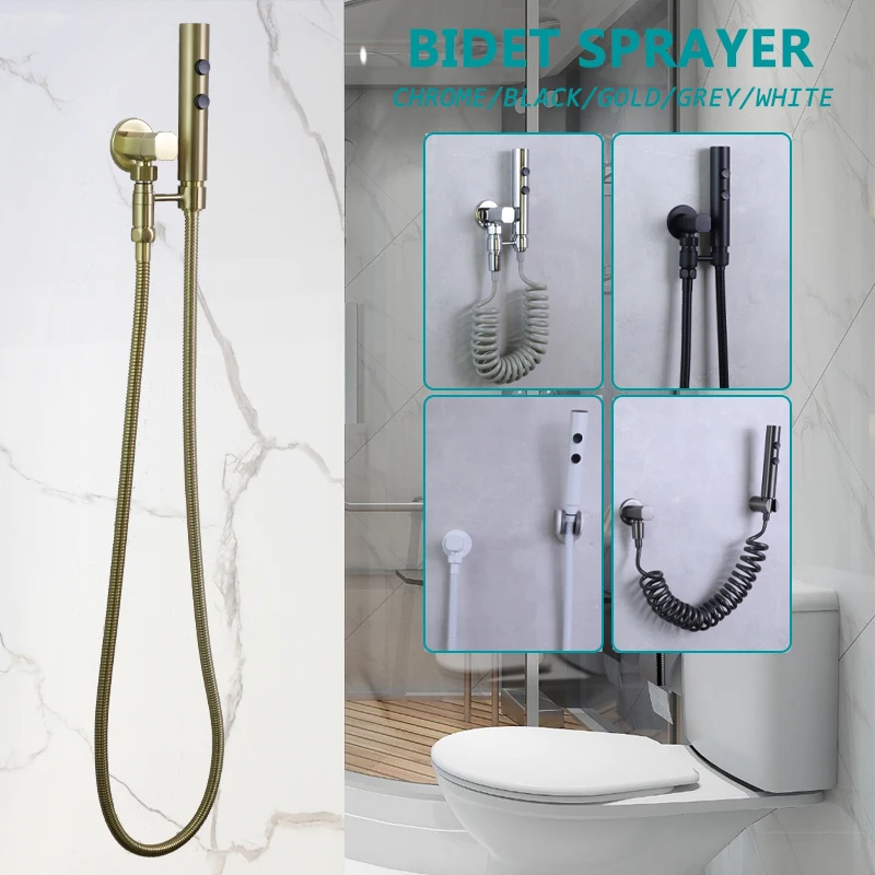 2Functions Bidet Sprayer Set Metal Grey Brass Angel Valve with Adjustable Bracket Black Chrome White