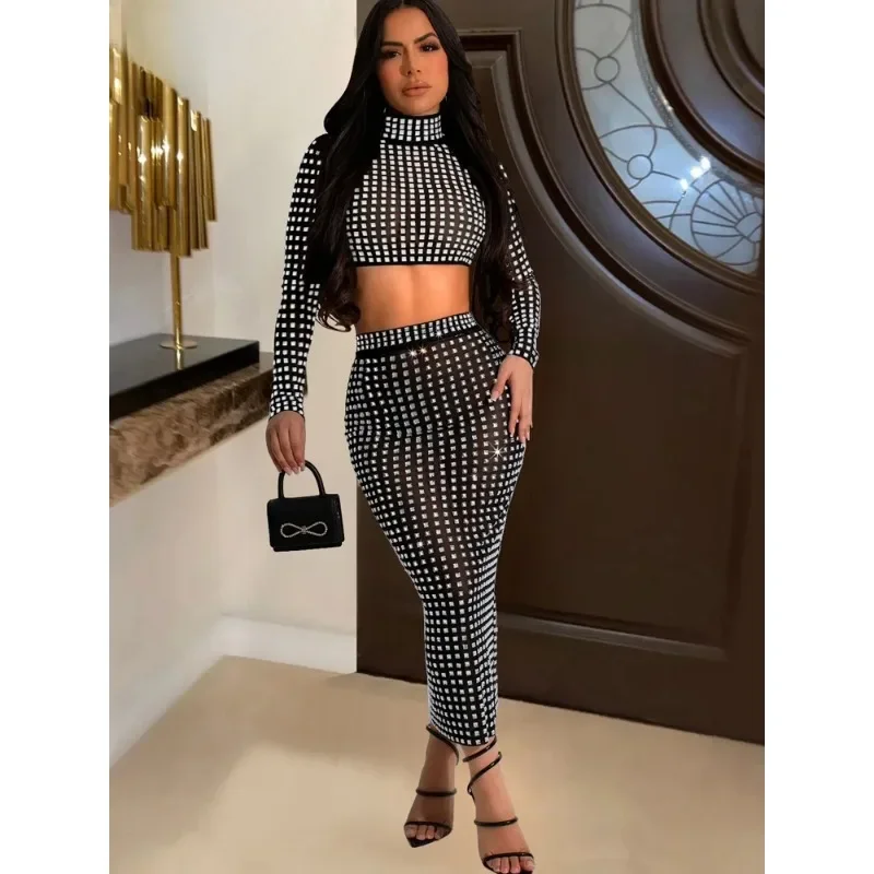 Women Celebrity Sexy Turtleneck Studded Mesh Sparkly Black Midi Bodycon Skirt Set 2025 Elegant Evening Club Party Outfit