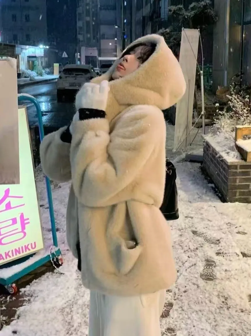 Abrigo coreano Sle redondo Ne con forro de piel, sombrero de cuero integrado, abrigo ort holgado para mujer, cierre de cremallera, prendas de vestir exteriores de invierno