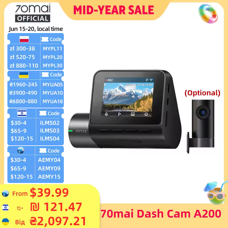 מצלמת דרך גלובלית 70mai דגם A200, הקלטה דו-ערוצית 1080P HDR, מסך IPS בגודל 2 אינץ', ניטור חניה 24 שעות, מקליט וידאו לרכב, 70mai A200 WIFI APP 130 ° FOV
