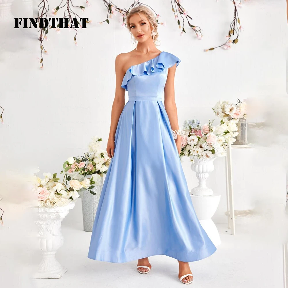 Findthat One Shoulder Bridesmaid Dress 2024 Ruffles Sleeves Ankle-Length A-Line Satin Prom Evening Party Gowns vestidos de festa