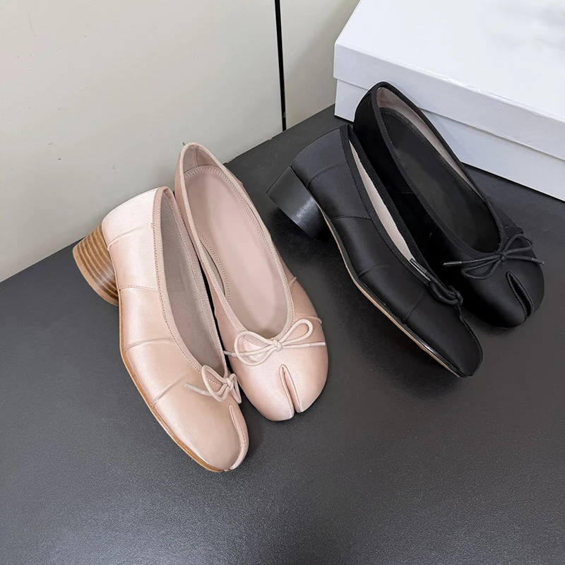 

Spring Summer Women's Low-Heel Single Shoes Fashionable Tibi Split-Toe Silk Fabric Pink Flat Casual Loafers Designer Brand Ladie