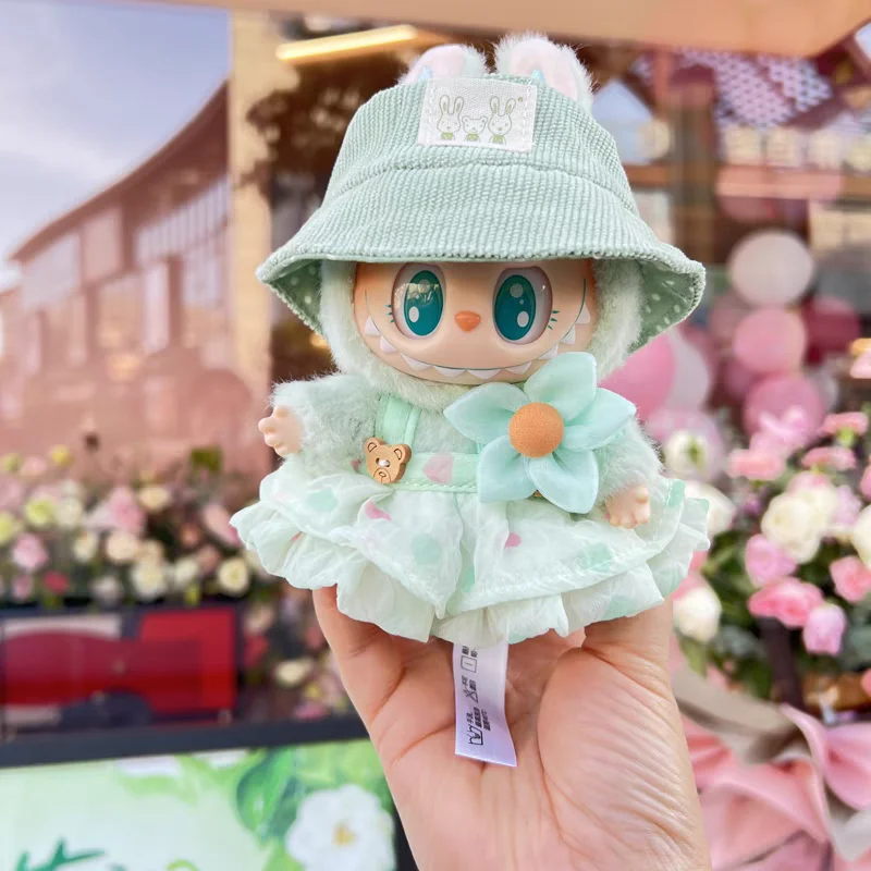 For 17cm Labubu Doll Outfit Wrinkled Skirt Flower Hairpin Set Fisherman Hat Labubu Clothes Ropa Labubu