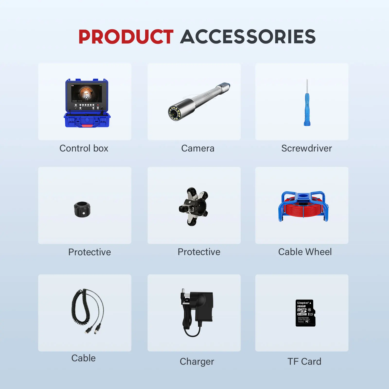 9 "DVR كاميرا فحص المجاري IP68 مقاوم للماء 20-50 متر 5 مللي متر كابل 512 هرتز مسبار التسوية الذاتية مع بطارية 4500 مللي أمبير 16 جيجابايت TF بطاقة