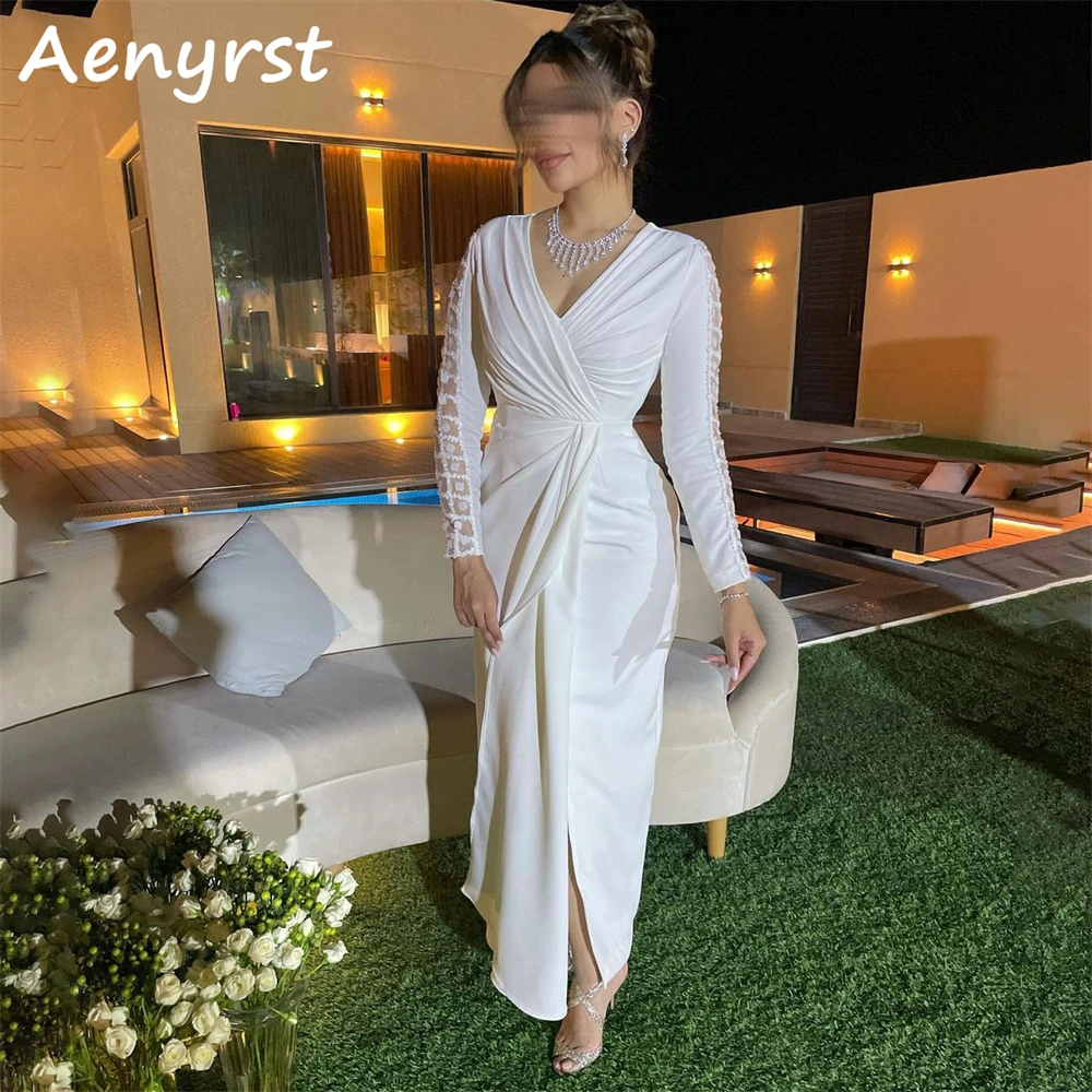 Aenyrst Simple V Neck Pleated Saudi Arabia Evening Dresses Long Sleeves Mermaid Split Prom Dress Ankle Length Formal Party Gowns