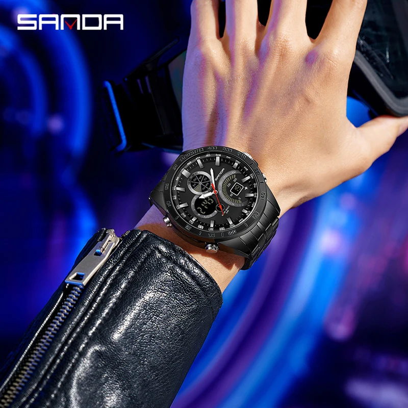 SANDA 3175 Men Sports Watch 30m Waterproof Digital Clock Stainless Steel Men Military Watch Army Quartz Watch Men Wristwatches