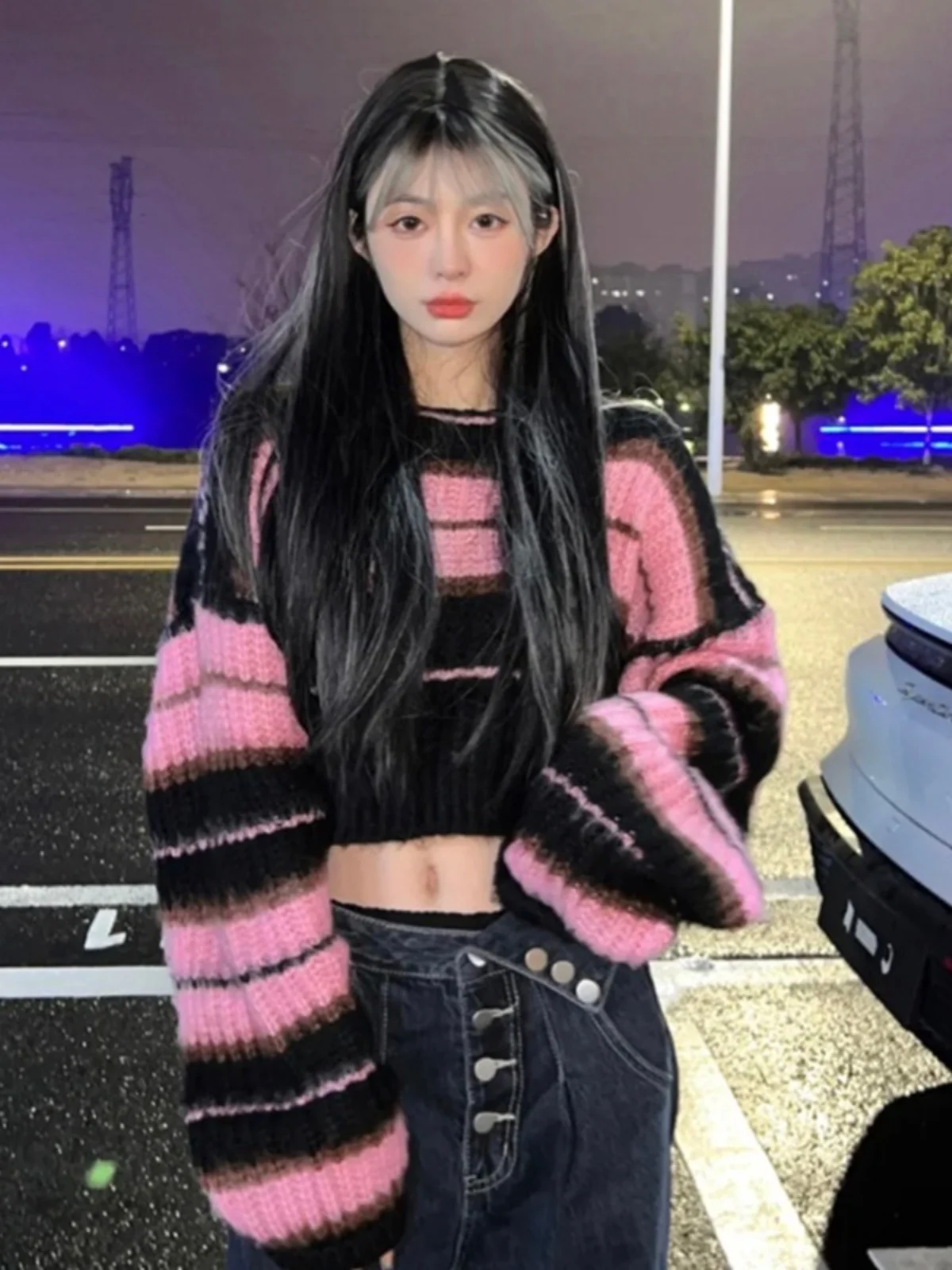 Retro Short Shoulder Bared Sweater Women's Spring Autumn Black Pink Stripes Chic Top Low round Neck Long Sleeve Casual Knitwear