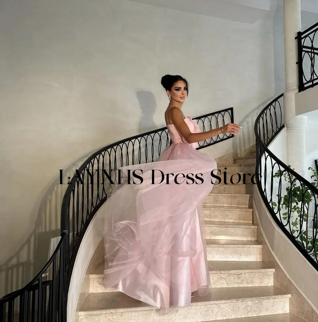 LAYXHS Exquisite trägerlose Abendkleider, rosa A-Linie, Blumen, Tüll, Hofschleppe, Ballkleider, individuell gestaltet