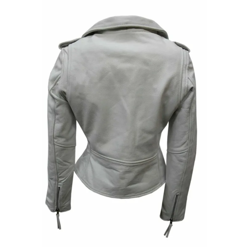 Blouson de motard en cuir d'agneau authentique pour femme, coupe slim avec ceinture