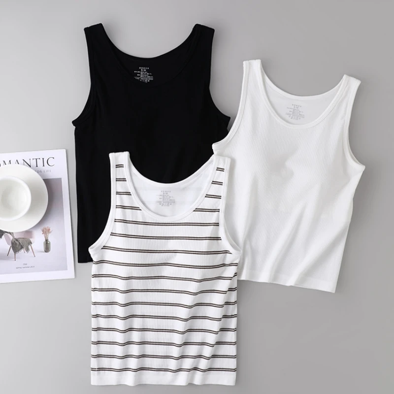 Birdtree, Lining Silk Blended Tank Top, Sleeveless O-neck Stripe Vest, Women Basics Tops, With Breasted pad, 2026 New T69733JF