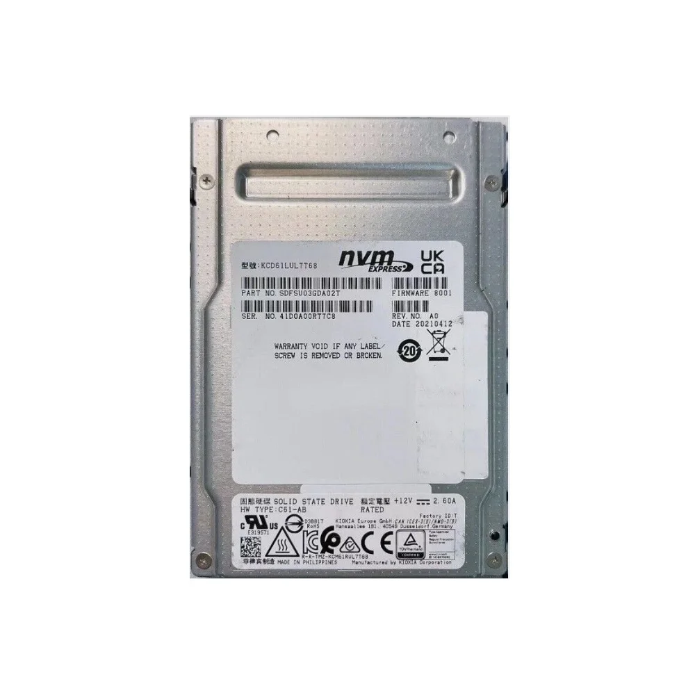 خادم مستعمل 2.5 بوصة SSD KCD61LUL7T68 7.68TB PCIE4.0 96 Level TLC محرك الحالة الصلبة U.2 Enterprise Storage Health 90%+