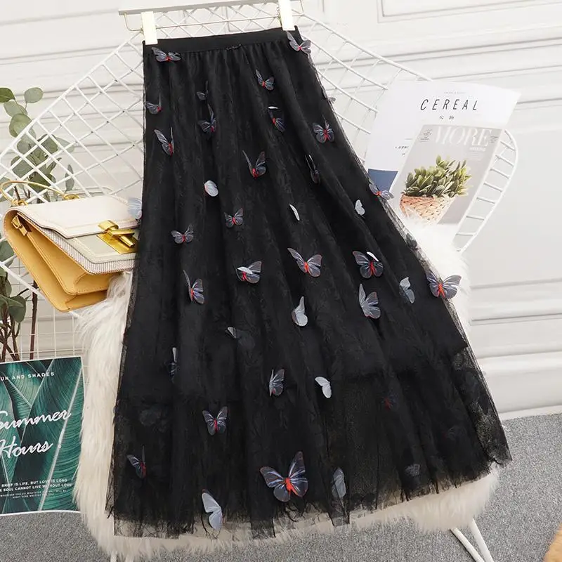 Three-dimensional Butterfly Black Mesh Skirt Women A-line 2022 Summer Skirt Women Elastic High Waist Casual Long Skirt