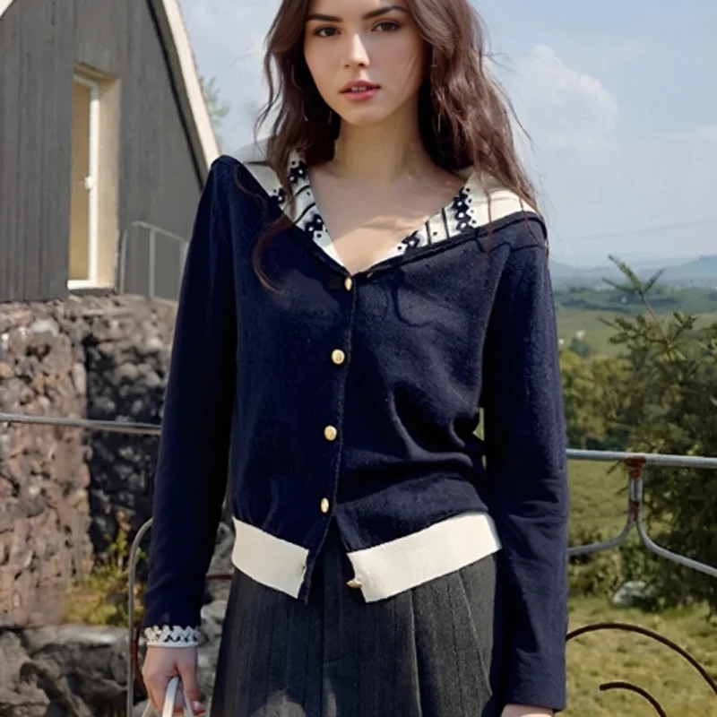 

Осенний вязаный кардиган с матросским воротником в консервативном стиле, элегантный свитер с длинными рукавами, модный повседневный вязаный топ 2025 года, корейский трикотаж