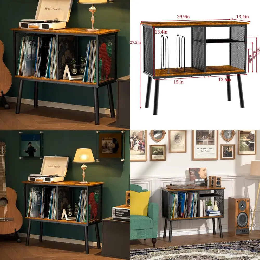 

Record Player Stand with Adjustable Divider, Vinyl Storage Holder Up to 200 Albums, Mid-Century Large Record Player Table, Vinyl