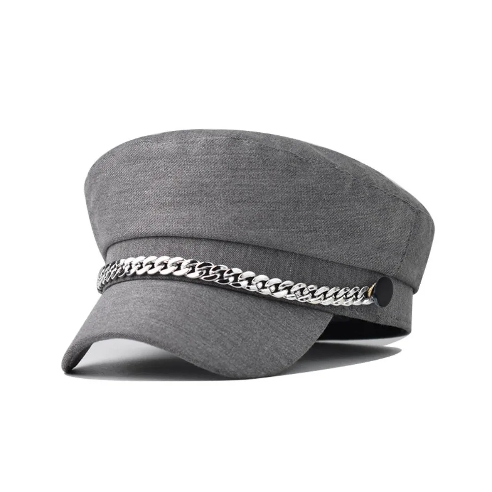 Vintage Cotton Polyester Newsboy Cap Short Brim Chain Decor Short Brim Peaked Cap Adjustable Octagonal Beret Daily Wear