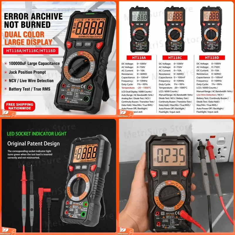 Digital Capacitance Meter Multimeter with Auto-Ranging LCD Display for Capacitor Testing Resistance Voltage Continuity