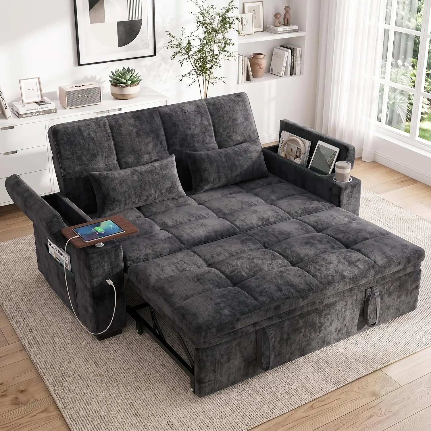 Sleeper Sofa with Swivel Table, Pull Out Loveseat with Storage & Charging Port & Cup Holders for Living Room, Grey, Customized