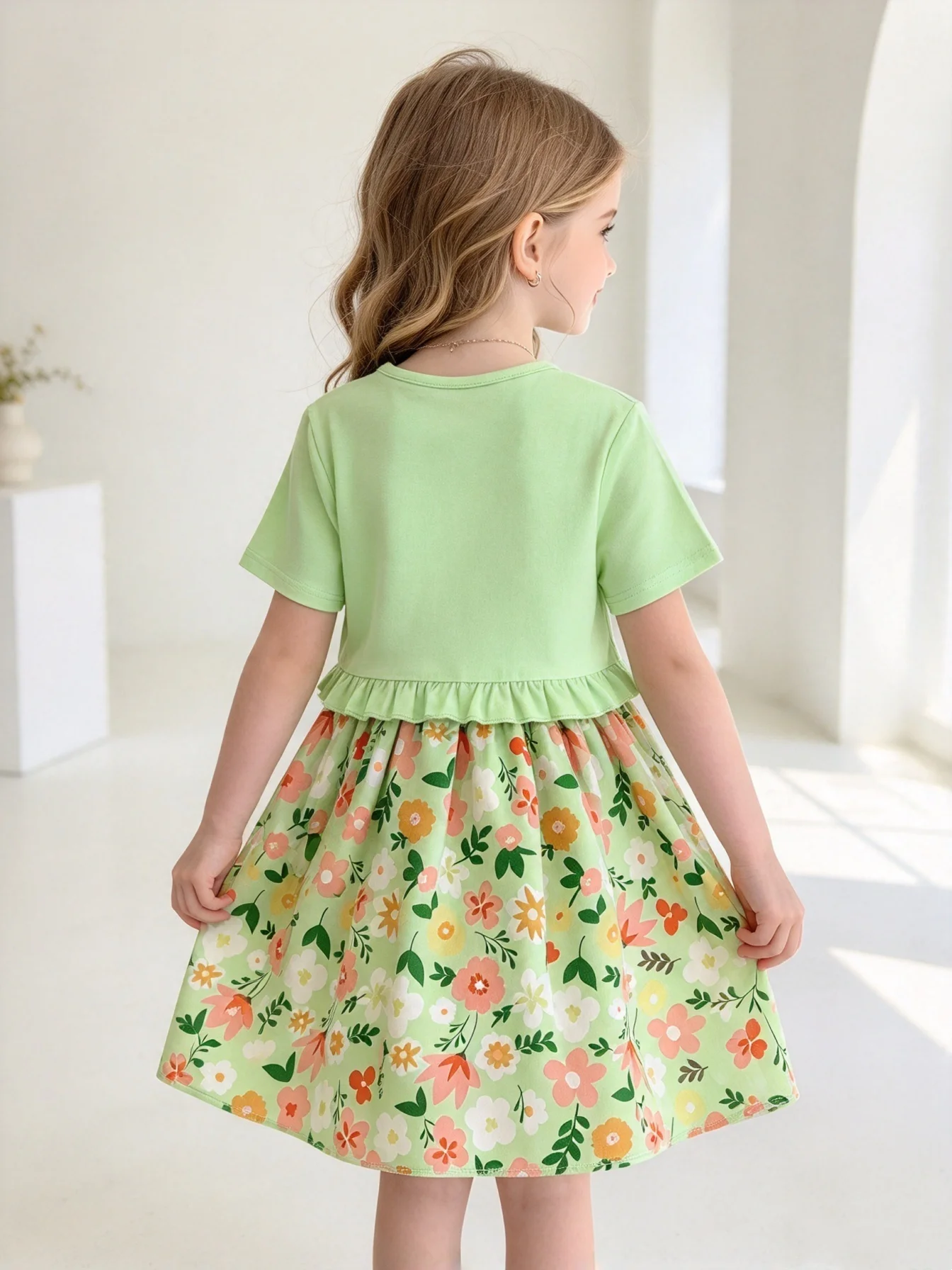 2 Pcs Spring/Summer Girls' Light Green Short Sleeved Jacket With The Same Bottom Colorful Printed Camisole Skirt Countryside Set