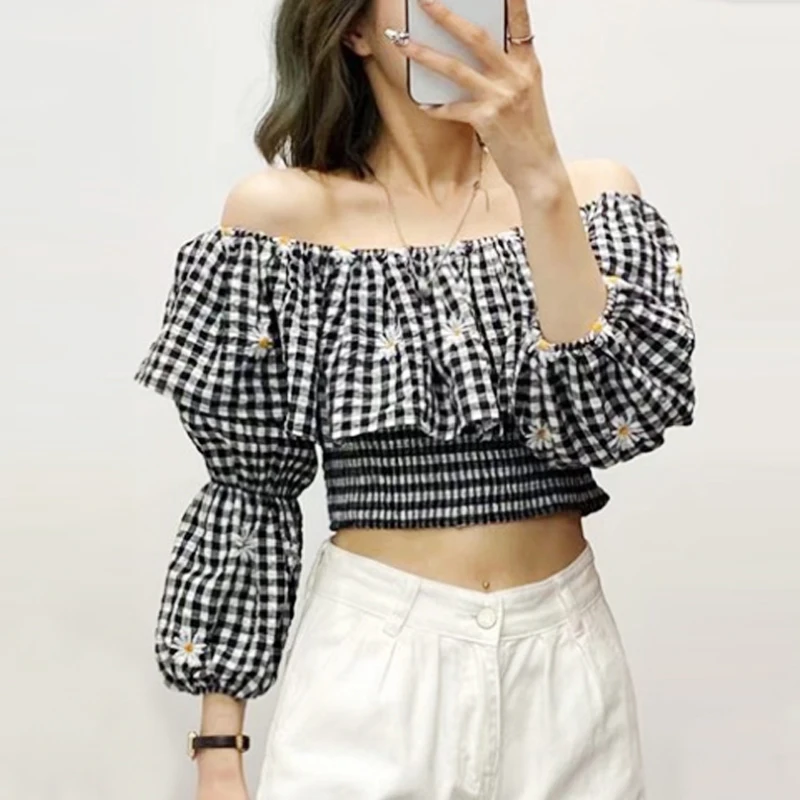 TEELYNN Boho Crop Top for Women Vintage Off Shoulder Ruffles Floral Embroidery Plaid Blouses Summer Casual Beach Short Blouse