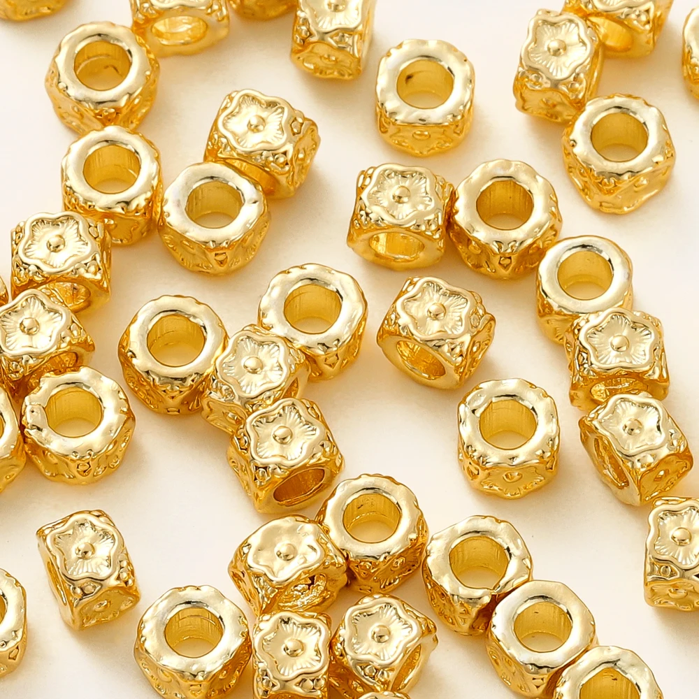 10pcs/lot 14K 18K Gold Plated Flower Pattern Barrel-shaped Beads Loose Spacer Beads For DIY Jewelry Handemade Crafts Supplies