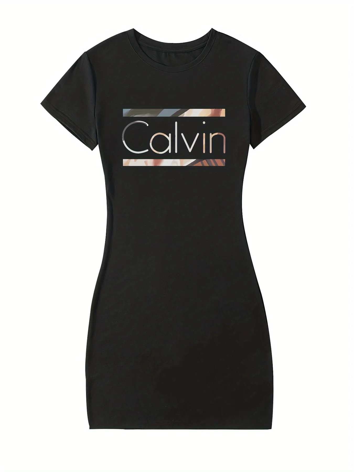 夏のレディースファッションカルビン柄プリントカジュアルセクシースリムフィットタイトフィット半袖ラウンドネックTシャツミニスカート