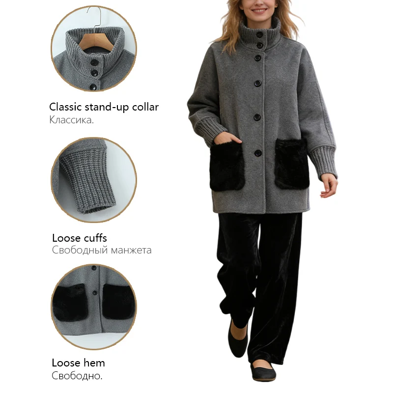 Women Stand Collar Mid Length Coat With Single Breasted Fluffy Pockets Elegant Autumn And Winter Commuter Overcoat Woman Clothes