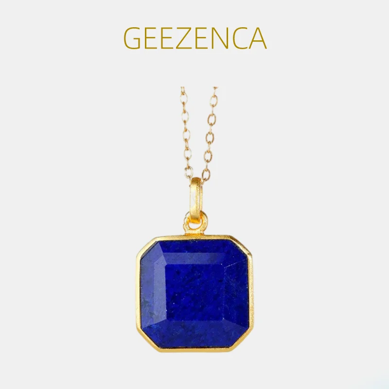 GEEZENCA Natural Lapis Lazuli S925 Silver Square Pendant For Women Simple Geometric Necklace Pendants Without Chain 2023 New