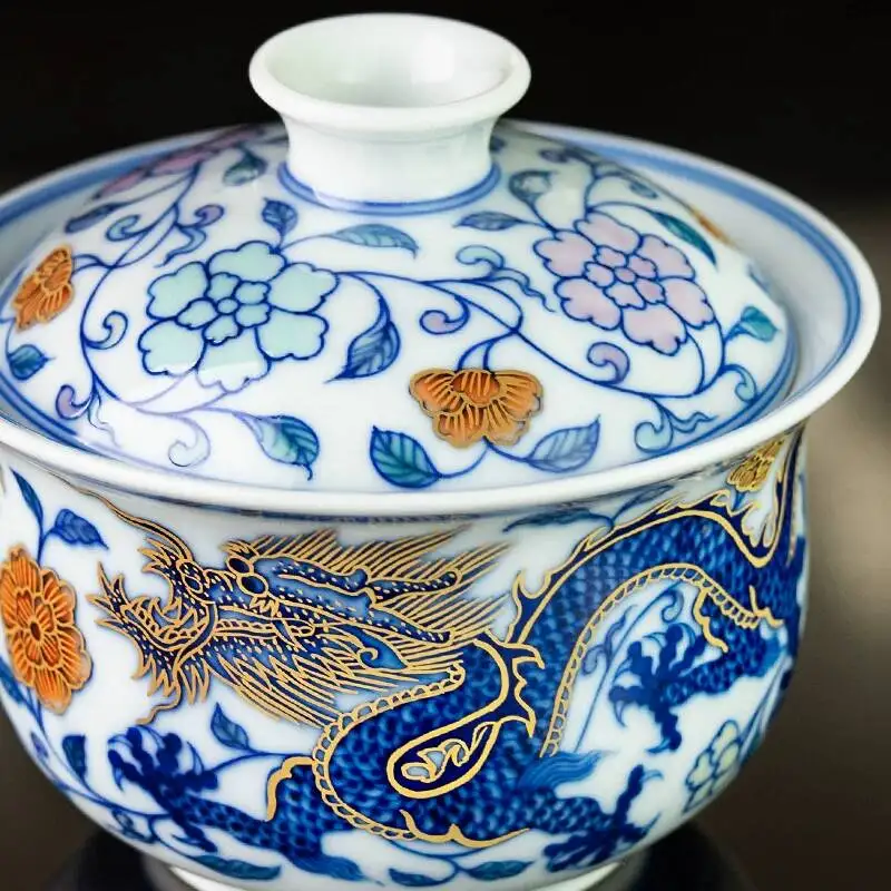 Holy Mountain Imitation Ming Dynasty Blue And White Doucai Twin Dragon Ceramic Hand-Painted Covered Bowl Cup Jingdezhen Antique