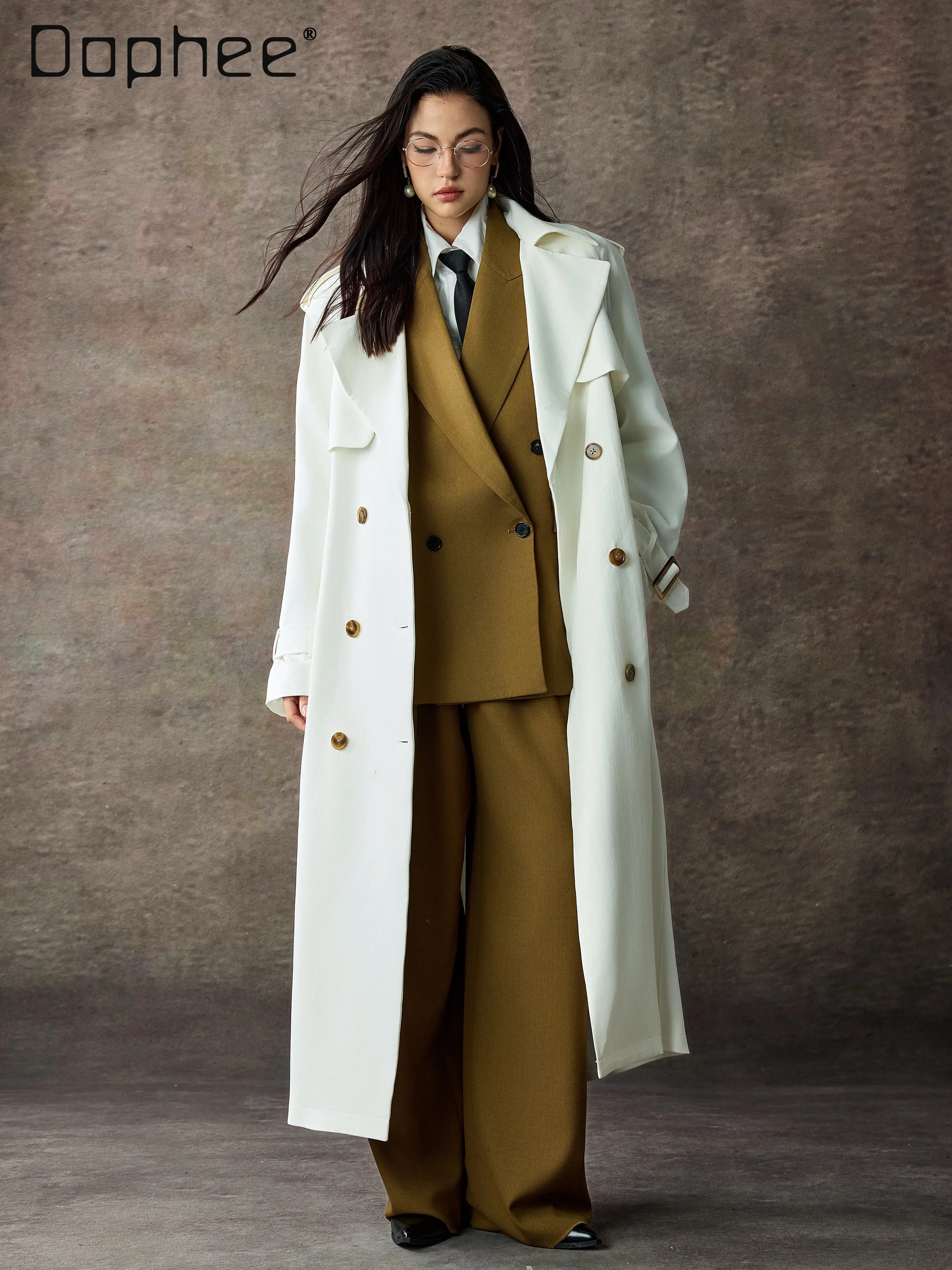 French Style Elegant Socialite White Lapel Tie Double-Breasted Trench Coat Women Autumn Commuting Versatile Elegant Long Coat