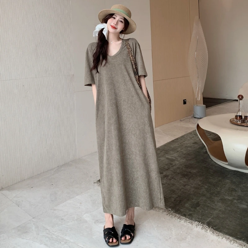 Oversized Women's Causal Dress Summer Loose U-Neck Long Dresses Robe Elbise Short Sleeve T-Shirt Korean Style Midi Dresses