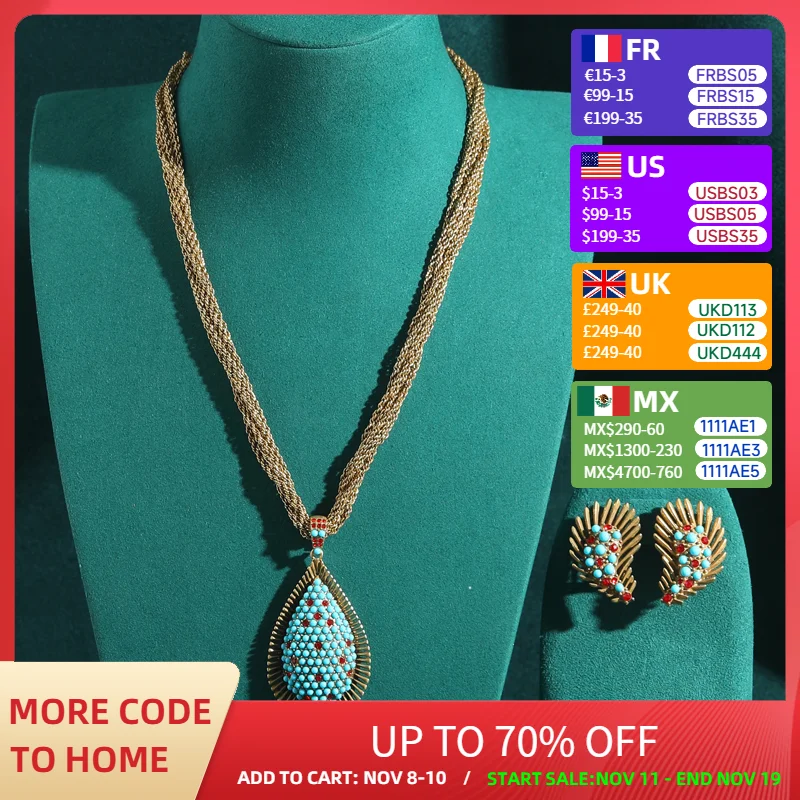 

Vintage Antique Gold Color Turquoise Pendant Jewelry Set Necklace Natural Beads Peacock Feather Long Layered Chain Bohemia 2025