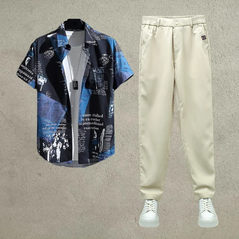 

Men's Short Sleeve Print Shirt and Trousers Set Thin Top and Pant Stylish Summer Outfit