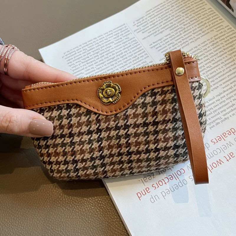 Houndstooth Bordado Porta-moedas para mulheres, mini carteira de couro genuíno com chaveiro, bolsa retro do titular do cartão Flower Lock, 2023