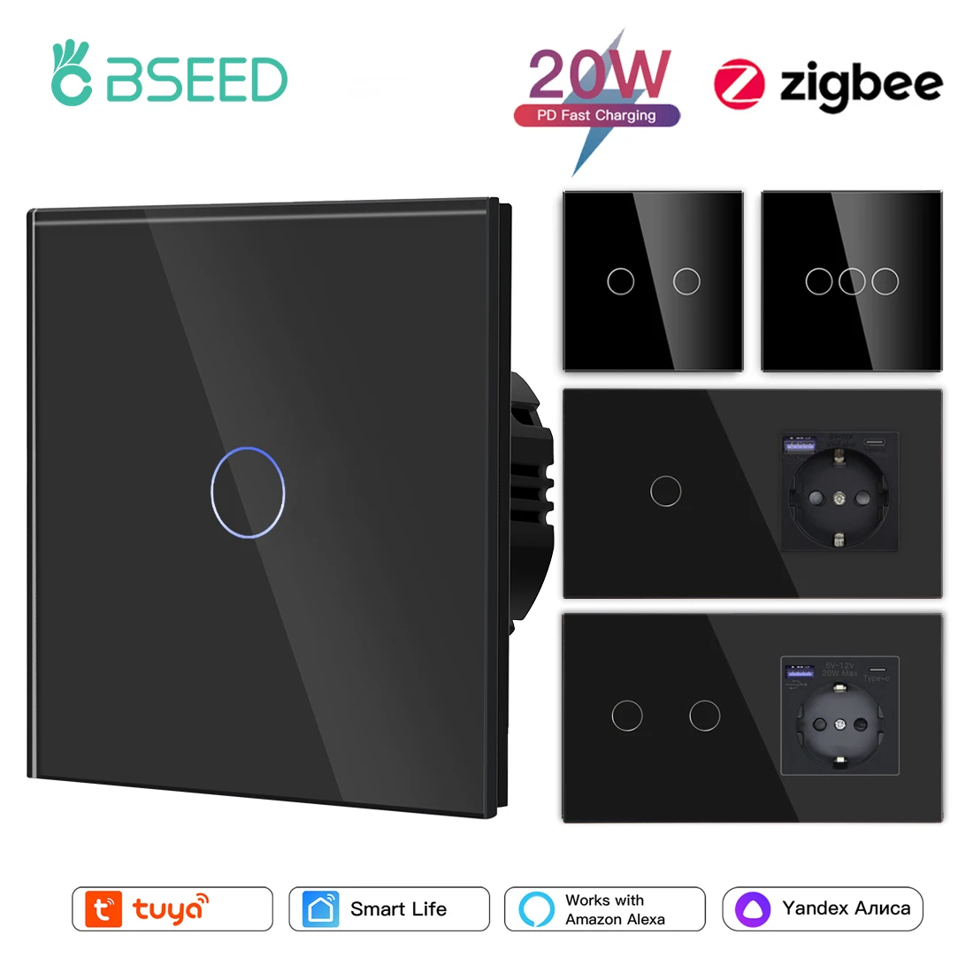 BSEED Zigbee 1/2/3Gang Touch Light Switches Tuya Smart Life App Control With Type-c USB Sockets 20W Fast Charging EU Standard