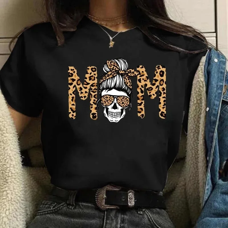 Momlife Skull Head Leopard Print Women T Shirt Short Sleeve O Neck Loose Women Tshirt Ladies Tee Shirt Tops Camisetas Mujer