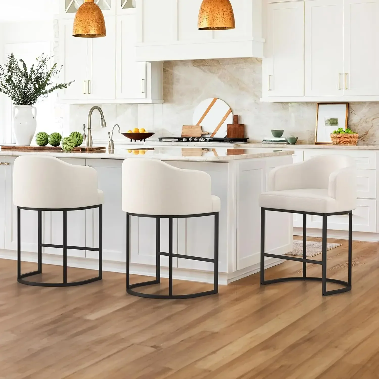 

27" H Counter Height Bar Stools Set of 3, Modern Stools, Linen Fabric Upholstered Barstools for Kitchen Island, Home Bar, Beige