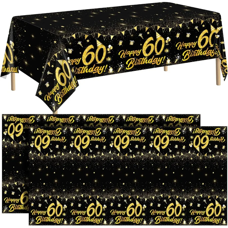 

2 Pack 60th Birthday Tablecloth Table Cover Plastic Black Gold Happy Tablecloth Waterproof Rectangular Table Cloth Cover for In