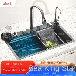 New Stainless Steel Kitchen Sink Digital Display Waterfall Sink Embossed Large Single Slot Apartment Multifunctional Wash Basin