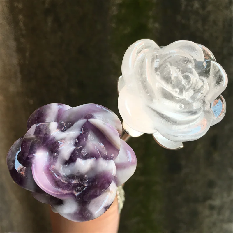 Silver Long Stem Natural Energy Crystal dream Amethyst Clear Quartz Eose Quartz Carving Rose Flower For Room Decor Wedding Gift