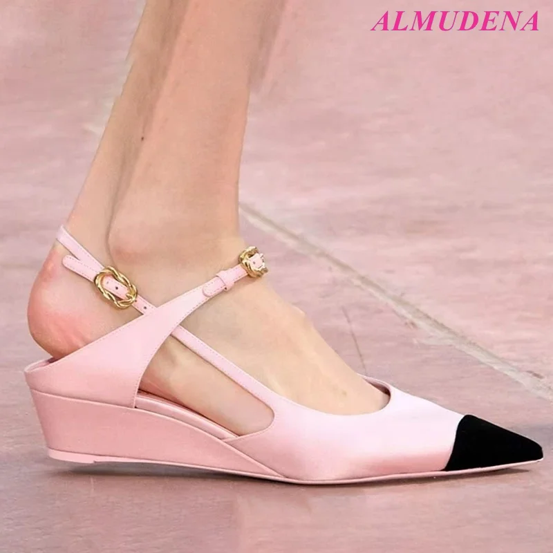 Pink/White Stain Wedges Pointed Toe Pumps Women's Low Heels Straps 2025 Summer New in Sandals Elegant Luxury Design Party Shoes