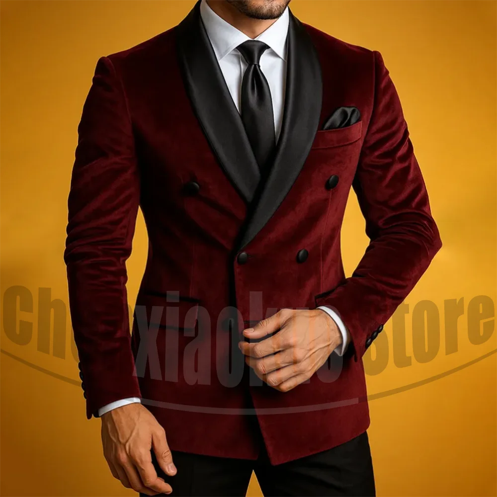 

Men's Suit 2 Piece Burgundy Velvet Double Breasted Jacket with Black Pants Fashion Shawl Lapel Formal Wedding Party Tuxedo