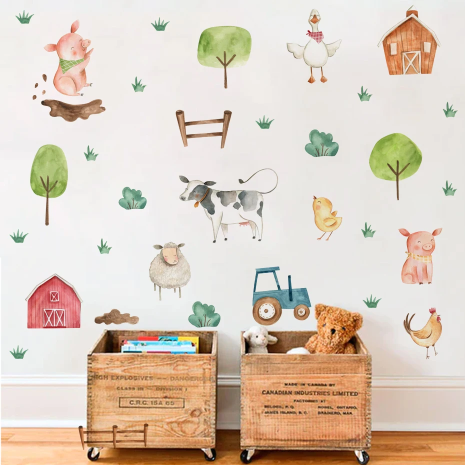 

Boho Watercolor Cute Farm Animals Pig Cattle Wall Stickers for Kids Room Baby Nursery Room Wall Decals Home Decor Murals